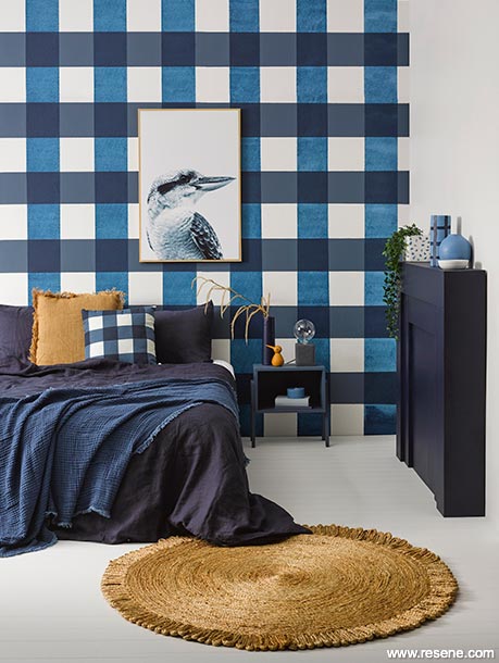A plaid bedroom feature wall