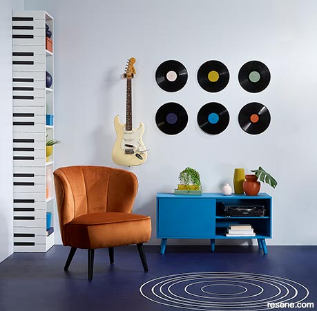 An energetic blue home music studio