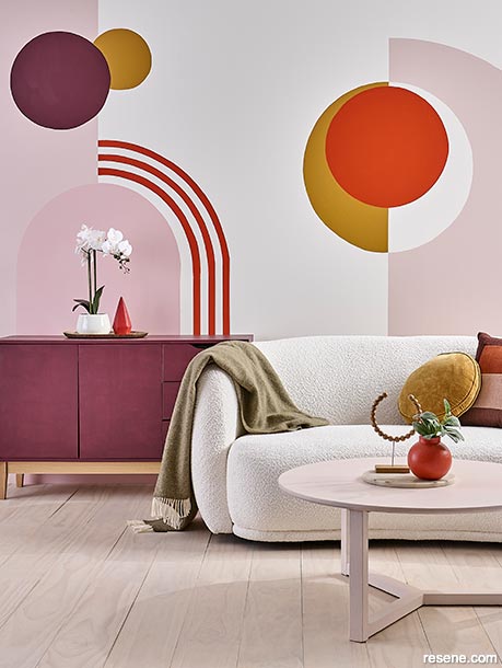 A vibrant lounge with a wall mural