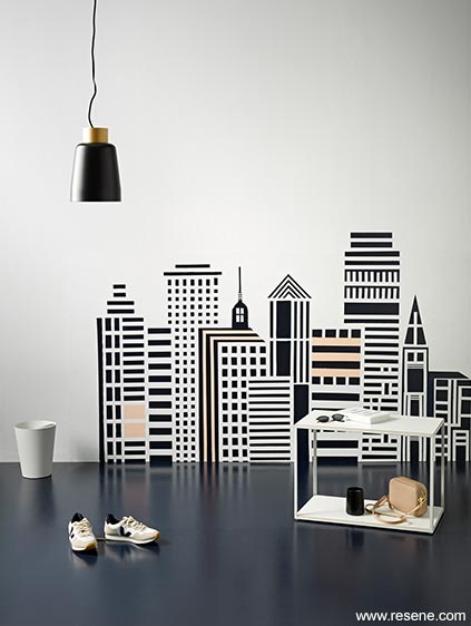 Cityscape mural with accessories