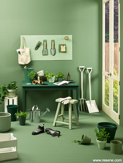A green themed hobby room