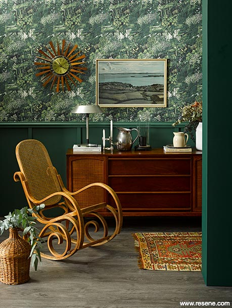 Beautiful restored furniture features in this green living room