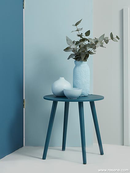 Detail of bedroom stool and blue tones