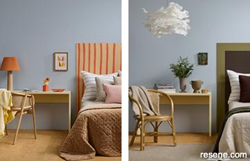 Bedroom greys with orange and yellow or dark green accents