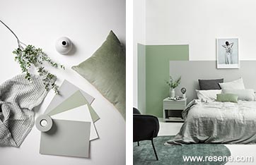 Bedroom in greens and greys