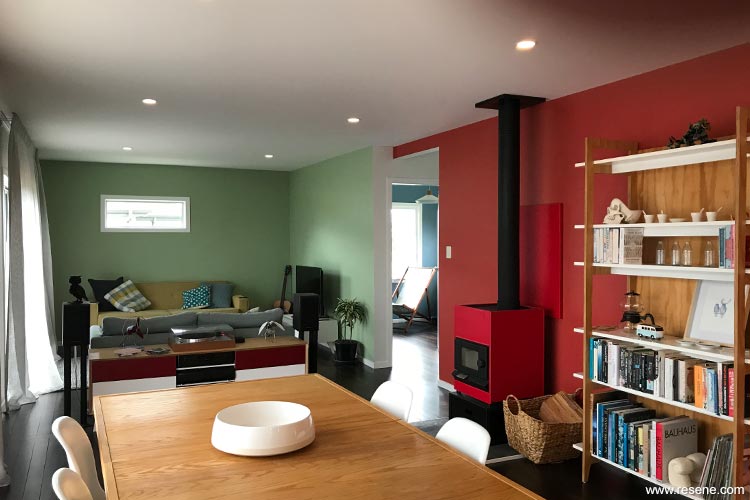 Bright red wall and lounge area