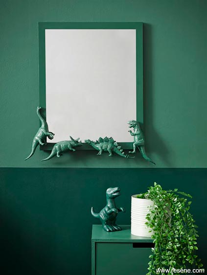 Dinosaur mirror and wall closeup