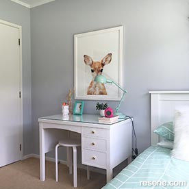 Mint green and grey bedroom