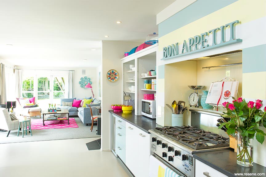 Colourful kitchen and living room