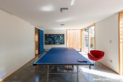 A minimalist rumpus room in shades of Resene Merino