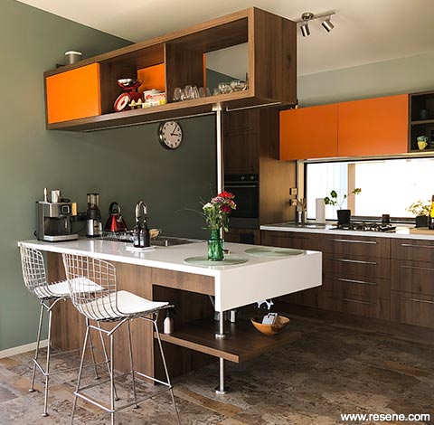 Sage and citrus kitchen in Resene Smoky Green and Resene Clockwork Orange