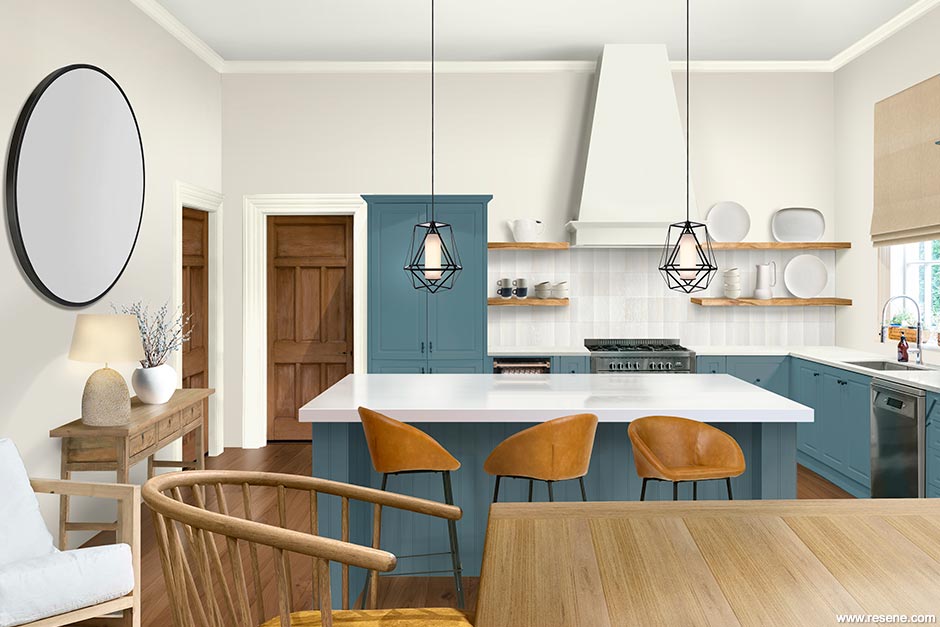 A simple and calm look for a a kitchen and dining room