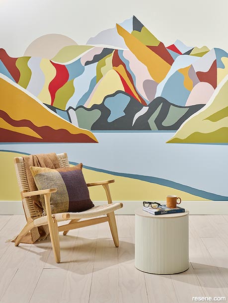 A colourful mountainscape mural