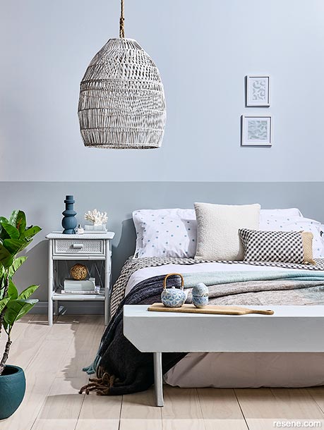 A dusty-grey blue bedroom inspired by the sea and sky