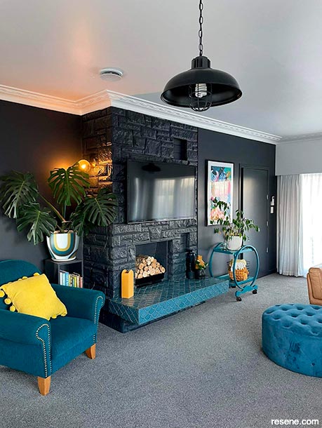 A lounge with a striking feature wall