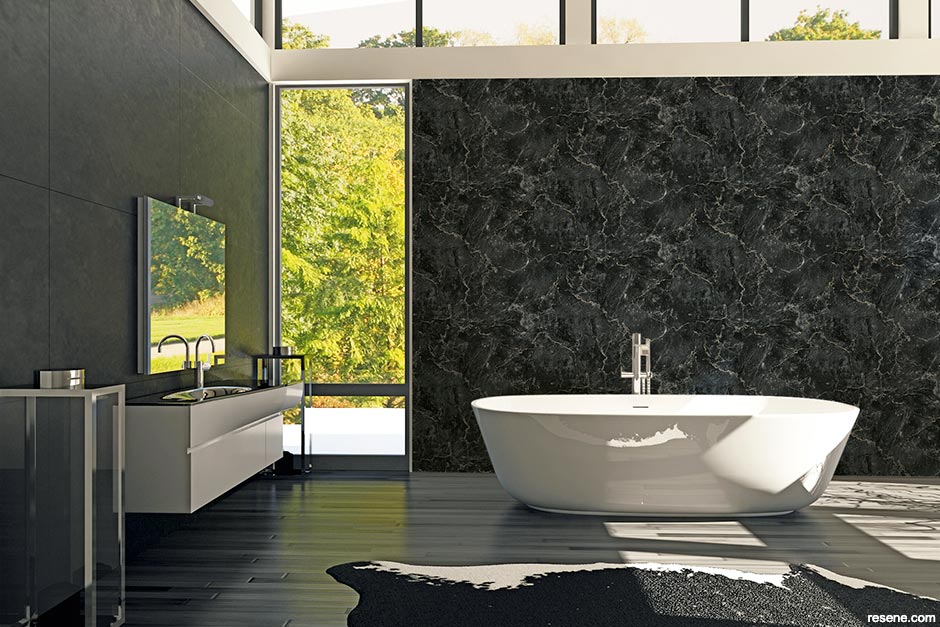 An elegant wallpapered bathroom