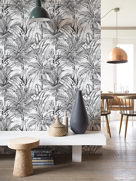 Use wallpaper to create a relaxed tropical space