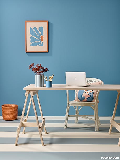 A blue and orange home office