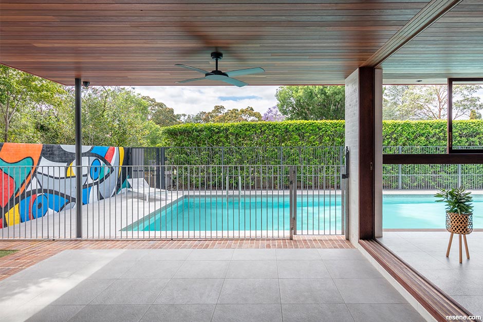 A bold poolside mural