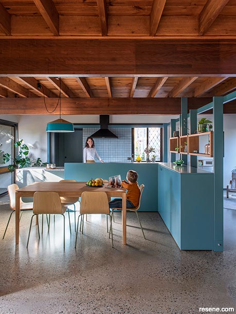 A warm blue kitchen
