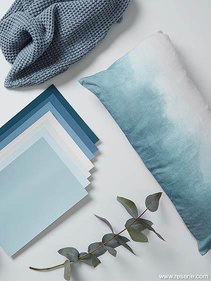 Mood board for blue, grey and white bedroom