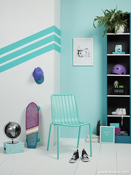 A skater teen's bedroom with an energetic vibe