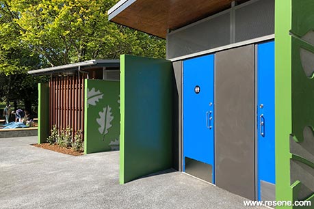Green and blue public toilets