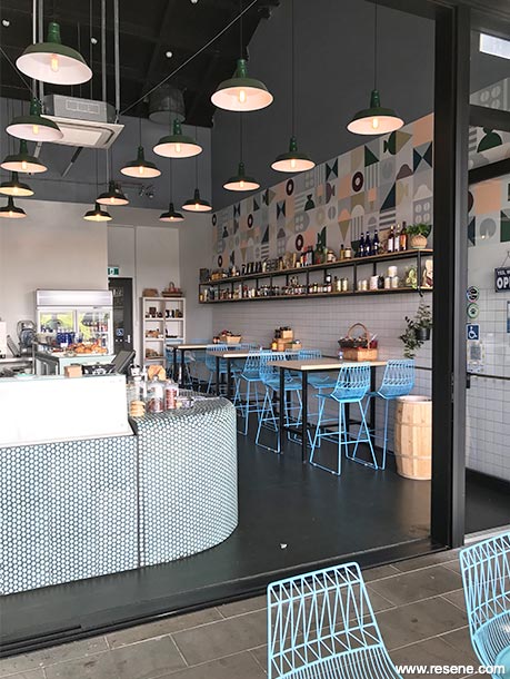 Grey and white cafe interior