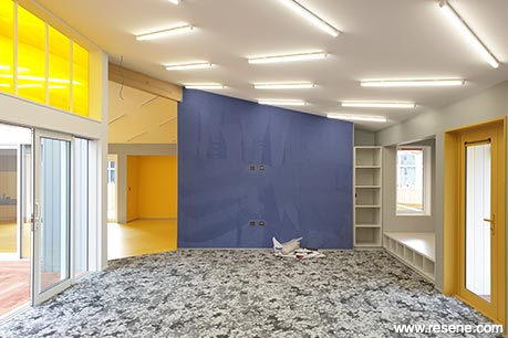 Blue and yellow school interior