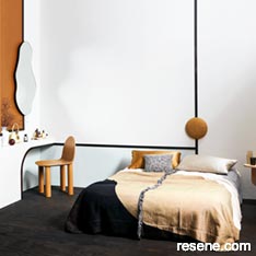 Bedroom colour blocked zones in gold and honey shades