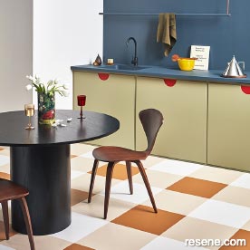 Retro kitchen painted in earthy tones and painted floor