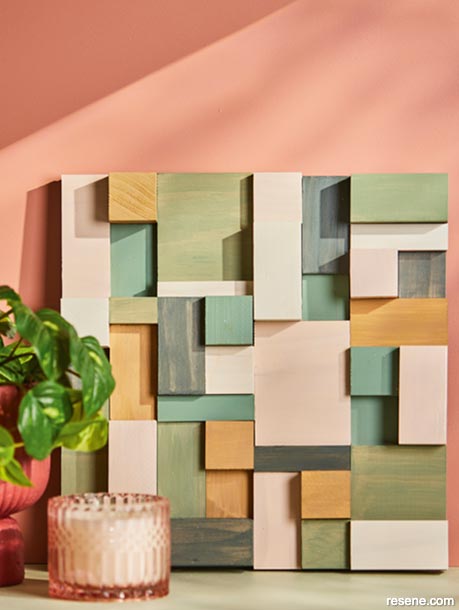 Make a work of art from wooden scraps tinted in Resene Colourwood wash shades